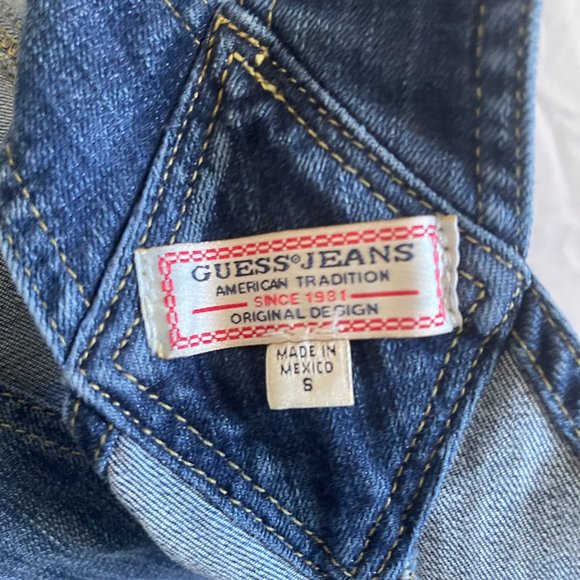 Vintage GUESS Jeans Romper Overalls Shorts Blue Sz S Shortalls Denim Distressed - Picture 4 of 4